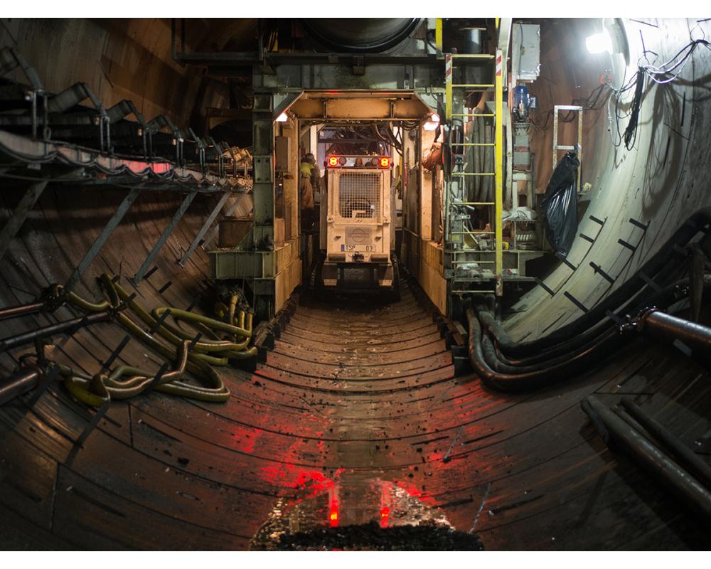 A mining service vehicle enters TBM Mom Chung during southbound tunnel construction.