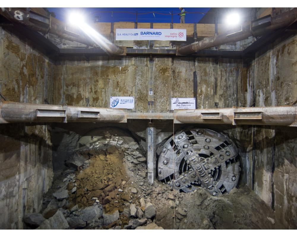 TBM Big Alma emerges (left) alongside TBM Mom Chung (right) inside the North Beach retrieval shaft.