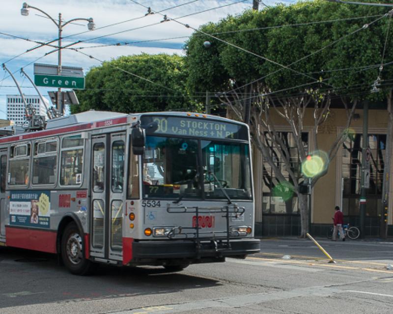 Muni trolley coach on 30 Stockon route at Columbus ave and Green st