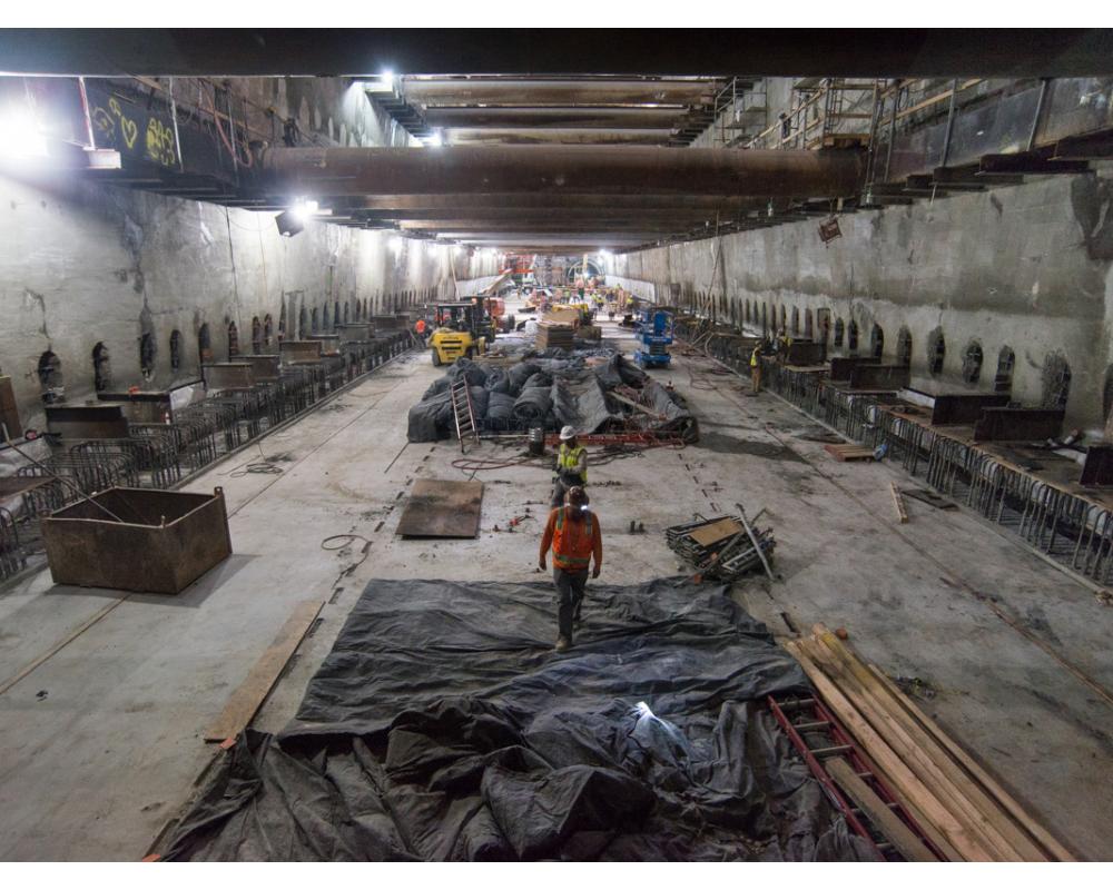 A clear view looking north down the Union Square/Market Street station invert, following the removal of temporary bracing.