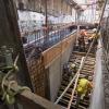 Concrete forms are constructed for future emergency egress stairs on the east side of Stockton at O'Farrell.