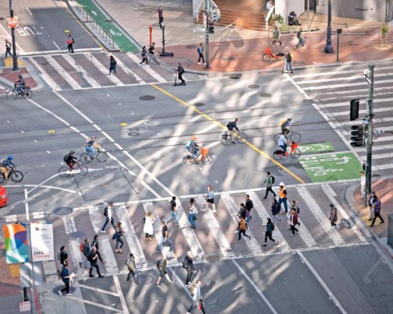 Market street from above, lots of bikers and pedestrians