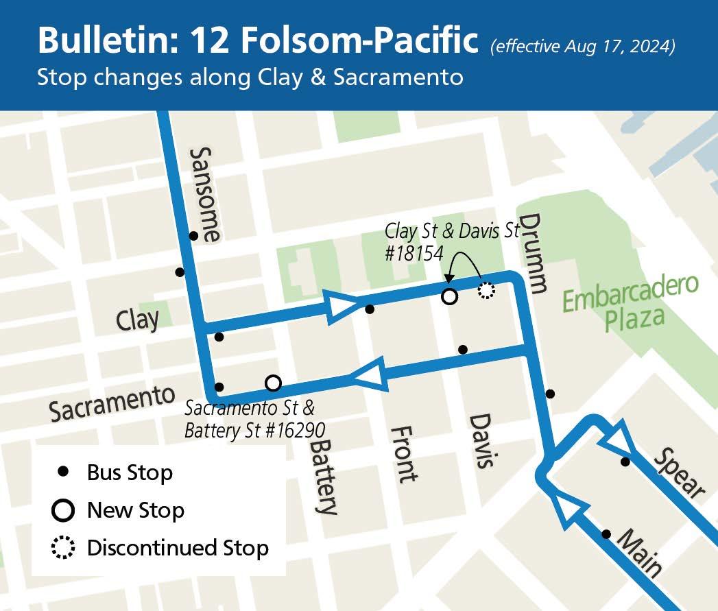 Map showing stop changes for both directions of the 12 Folsom/Pacific long route, effective 8/17/24