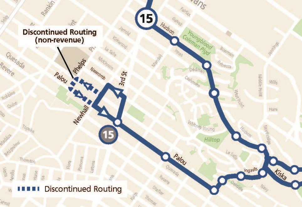 Map showing new outbound routing of 15 Express, effective 8/17/24