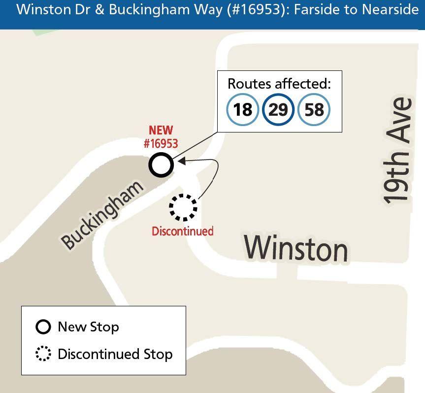 Map showing stop relocation affecting the 18, 29 & 58 routes, effective 8/17/24