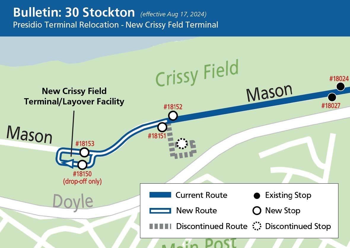 Map showing changes to the 30 Stockton, effective 8/17/24, including a minor route change, stop additions and removal of the terminal stop at Sports Basement