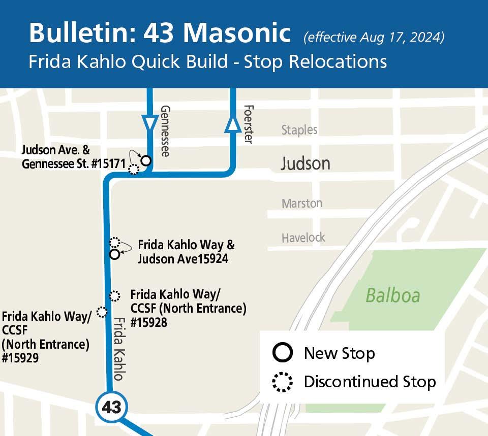 Map showing stop changes for the 43 Masonic Route by City College, effective 8/17/24