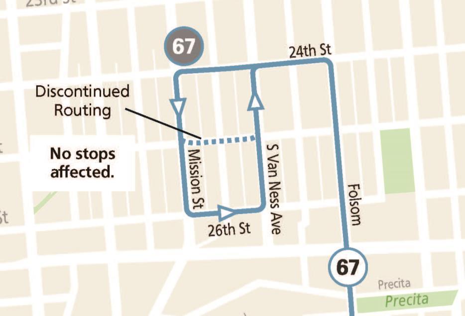 Map of 67 Bernal Heights route change effective 8/17/24