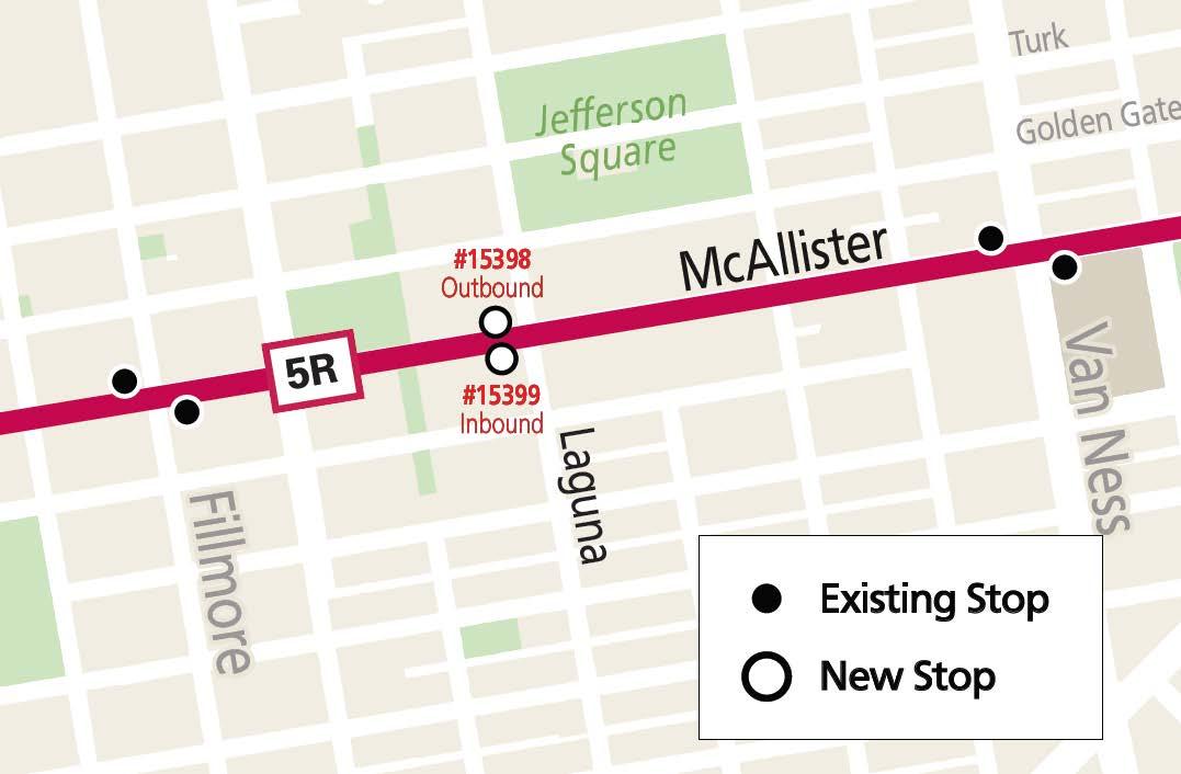 Map showing the two 5 Fulton stops that will be added to the 5R Fulton Rapid, effective 8/19/24