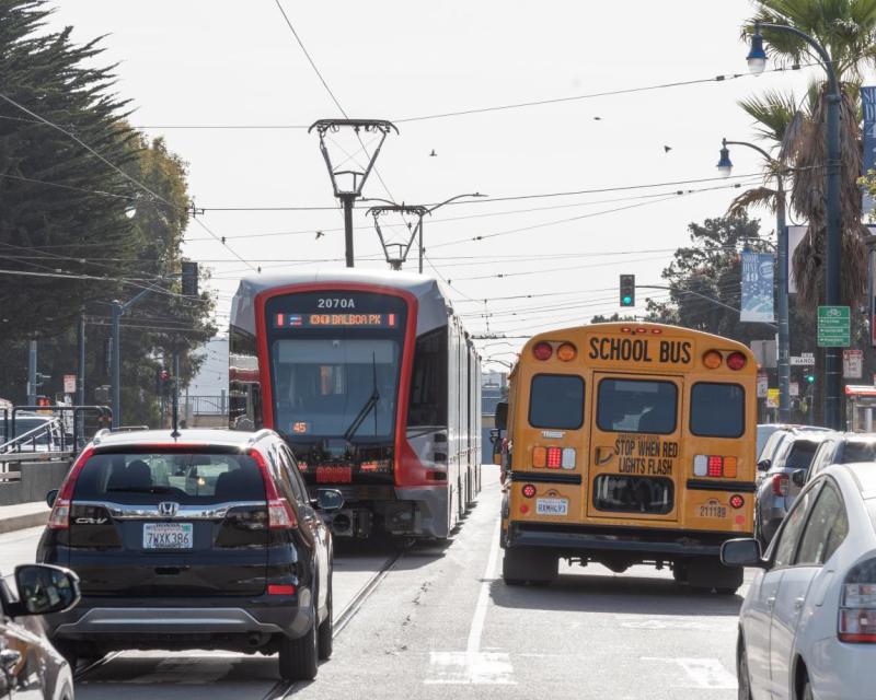 K Ingleside train running on Ocean Avenue as it crosses Faxon Avenue. Car traffic is present in front of and beh