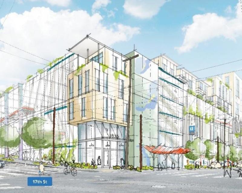 A conceptual design sketch of Potrero Yard showing a multi-story bus yard with housing above from the prospective of 17th and Br