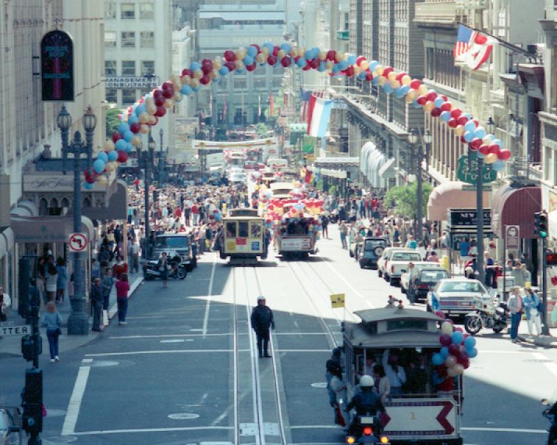 Cable Car Parade for 100th Anniversary of Powell Street Cable Cars Looking Down Powell Street Towards Sutter Street | 03.28.1988