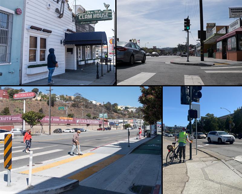 top left Old Clam House, top right Bayshore Taqueria, bottom left Floorcraft crosswalk and bus shelter bottom right biker