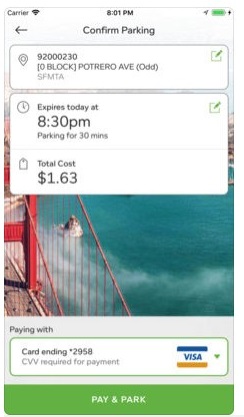 Screen print of purchase confirmation screen showing location, expiry time, and total cost, plus a pay and park button.