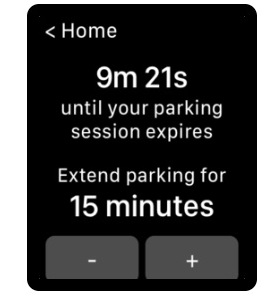 Screen shot of extend parking screen with subtract and add time buttons