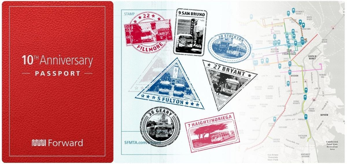 An image of the Muni Forward 10th Anniversary Passport, with stamps and the interactive map. 