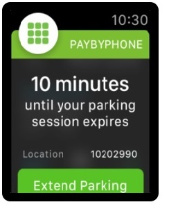 Screen shot of reminder of 10 minutes before expiry, with location and button to extend parking