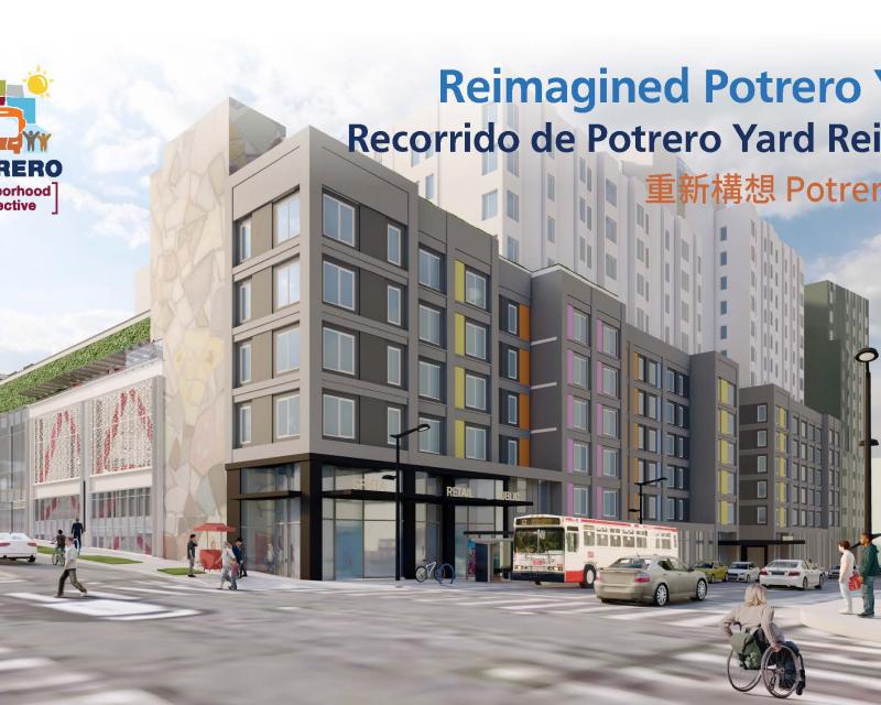 rendering of large multi-use urban building with wording in three languages, Reimagined Potrero Yard Tour. renderizado de edificio urbano en funcionamiento Recorrido de Potrero Yard Reinventando