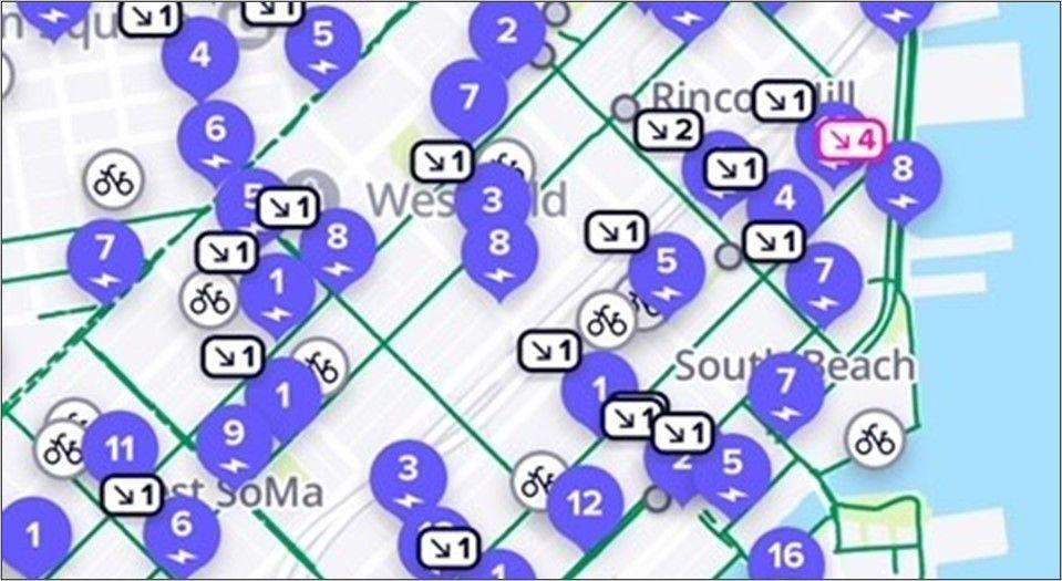 Image of the bikeshare app showing points at different stations.