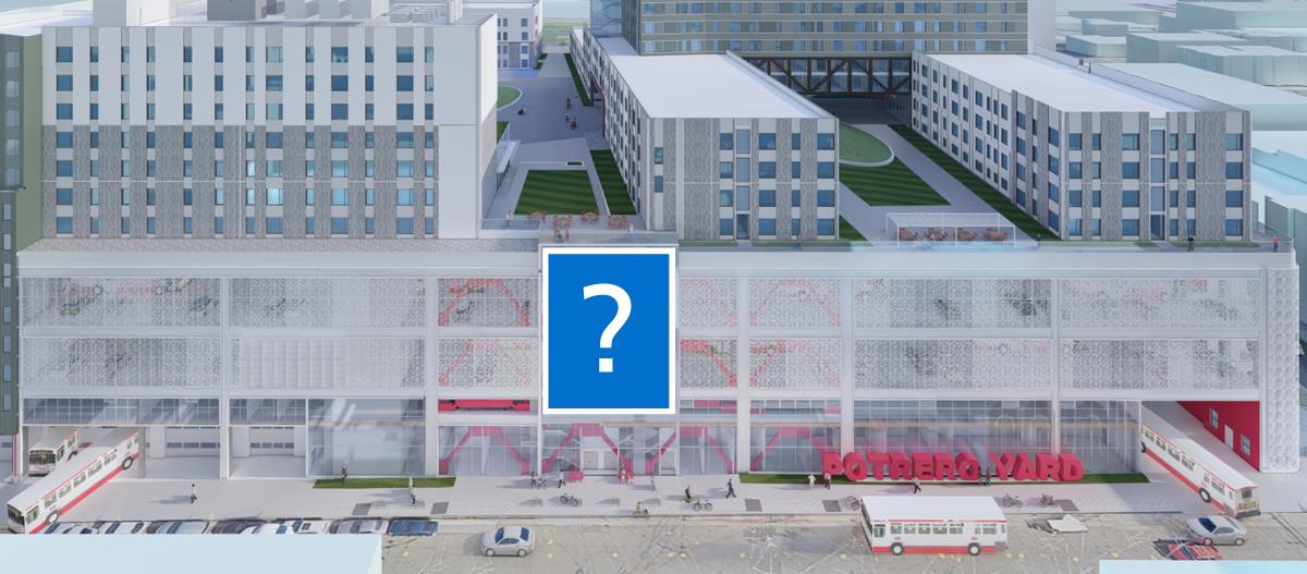 Visualization of the Mariposa Street stairwell area where new art is coming. A blue block of color with a question mark shows where the art is heading.