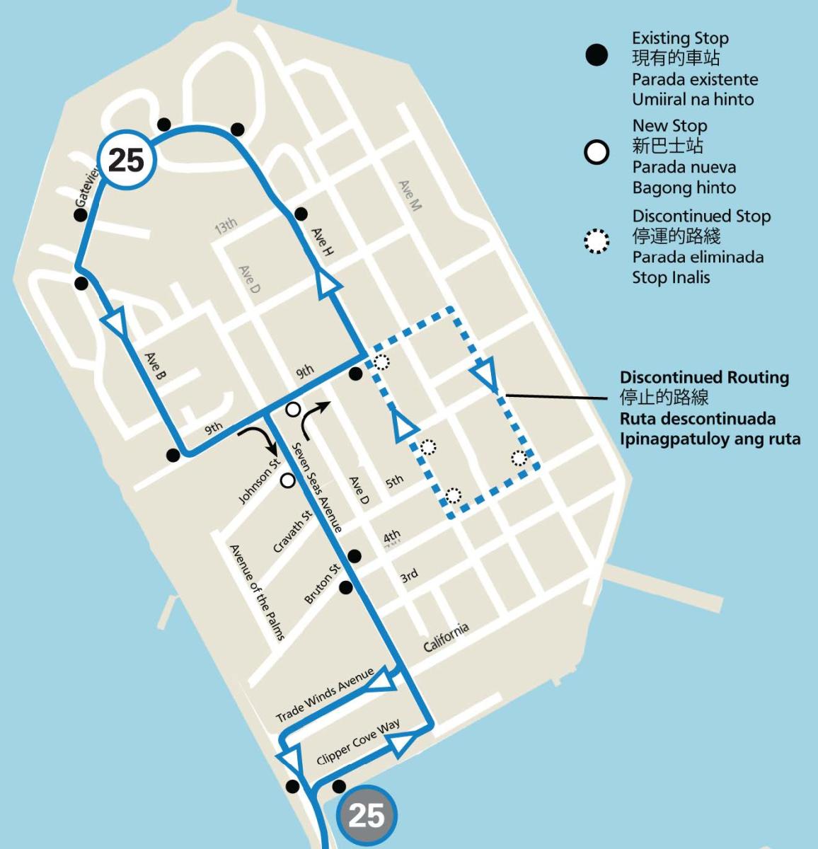 Map showing new 25 Treasure Island routing & stop changes effective 8/17/24