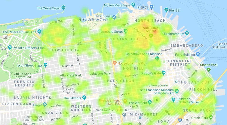 Zoomed in “home” view near the study area: Orange and red areas denote higher concentrations of responses.