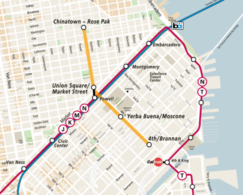 Map of existing Muni Metro system's J, K, L Bus, M, N and T lines with the new Central Subway connecting at Powell Station.