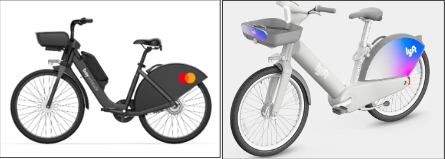 Split-screen image showing a black hybrid e-bike on the left and a gray, docked e-bike on the right.