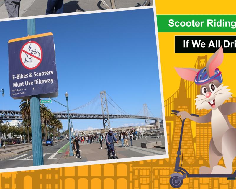 Bunny rides a scooter next to a picture of people riding in a bikeway on the Embarcadero. Text on the infographic says: Scooter riding is joyful if we all ride safely.