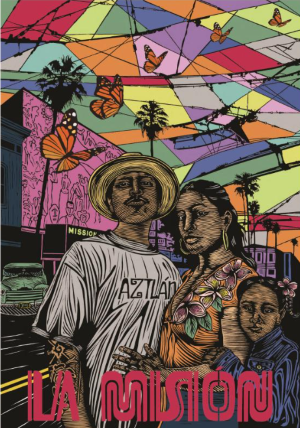 Proposed artwork for the Mariposa Street stairwell area of the Potrero Yard facility. Image features people, bright blocks of color and adjusted version of the Muni worm logo.