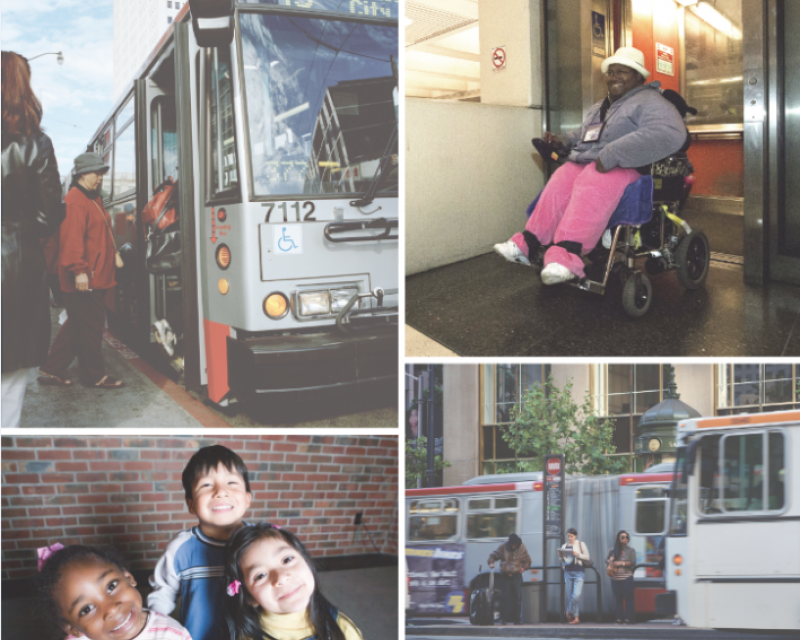 People boarding a bus; a person in a wheelchair exits an elevator; three children; people wait for a bus