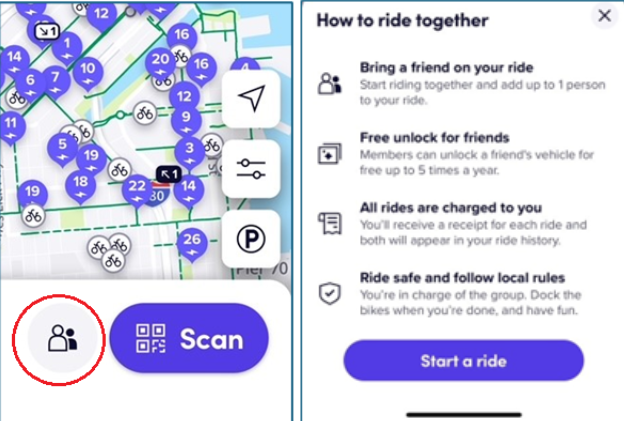 A screenshot of the Bay Wheels app experience that shows how to get a ride for a friend.