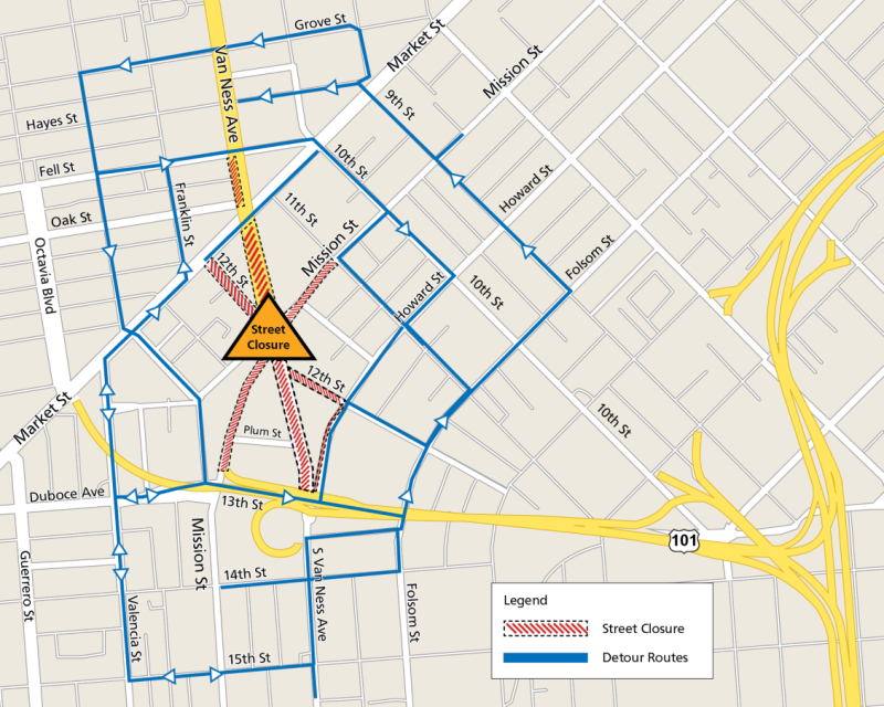 Map of Van Ness Avenue and Mission Street intersection showing detours and street closures